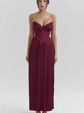Strapless Silky Pleated Satin Corset Boned Bodice Maxi Dress Burgundy Sz Medium
